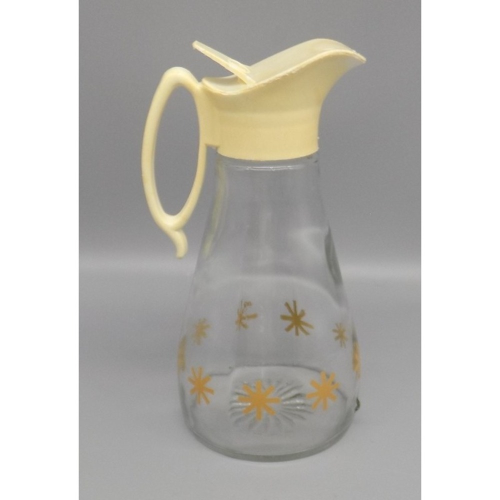 70's Log Cabin Syrup Pitcher Bottle Gold Atomic Design Clear Vintage
